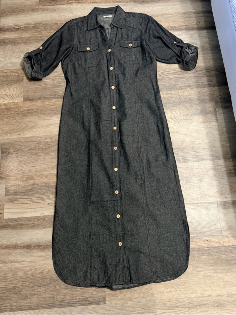 Women's Black Maxi Shirt Dress with Button Front